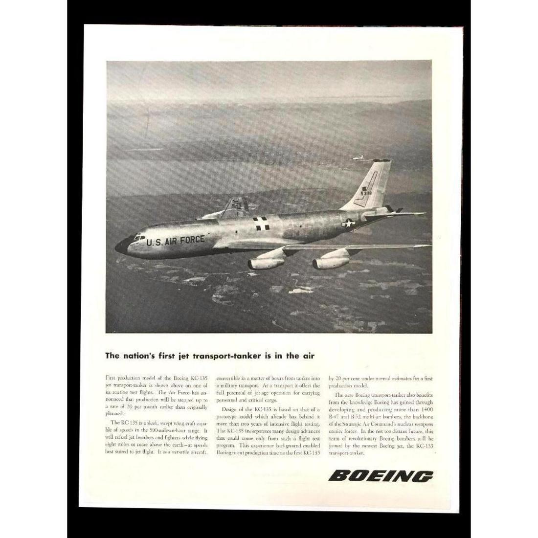 1956 Boeing Jet KC-135 Transport-Tanker Magazine Ad: Original 1956 magazine advertisement for Boeing jets - 1st production model of the KC-135 transport tanker. Black & white ad. 11" X 14" mounted on archival linen canvas for preservation.