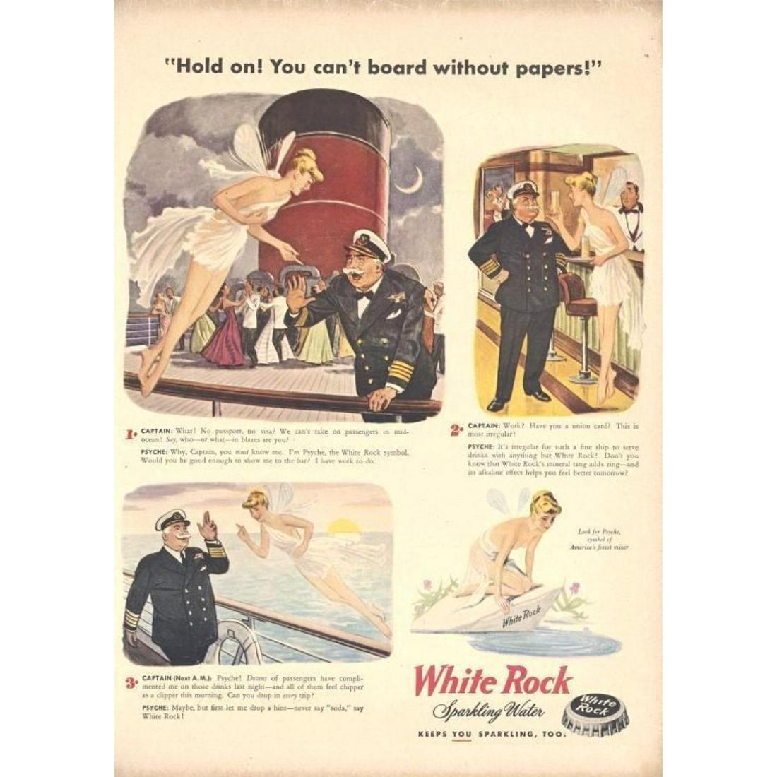 Vintage 1940's White Rock Sparkling Water Magazine Ad: Vintage 1940's White Rock Sparkling Water magazine advertisement featuring Psyche the White Rock fairy. Mounted on archival linen canvas for preservation.
