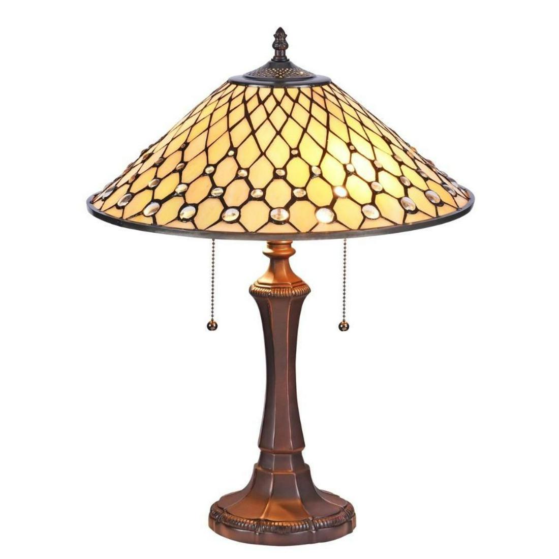 Tiffany-style Art Glass Table Lamp: Tiffany-style art-glassÂ 2-light table lamp with 216 pieces of cut glass & 96 glass beads wrapped in copper foil. 21 1/2" overall height with dark antique bronze finish base. 16" W shade.Â 7 lbs.�