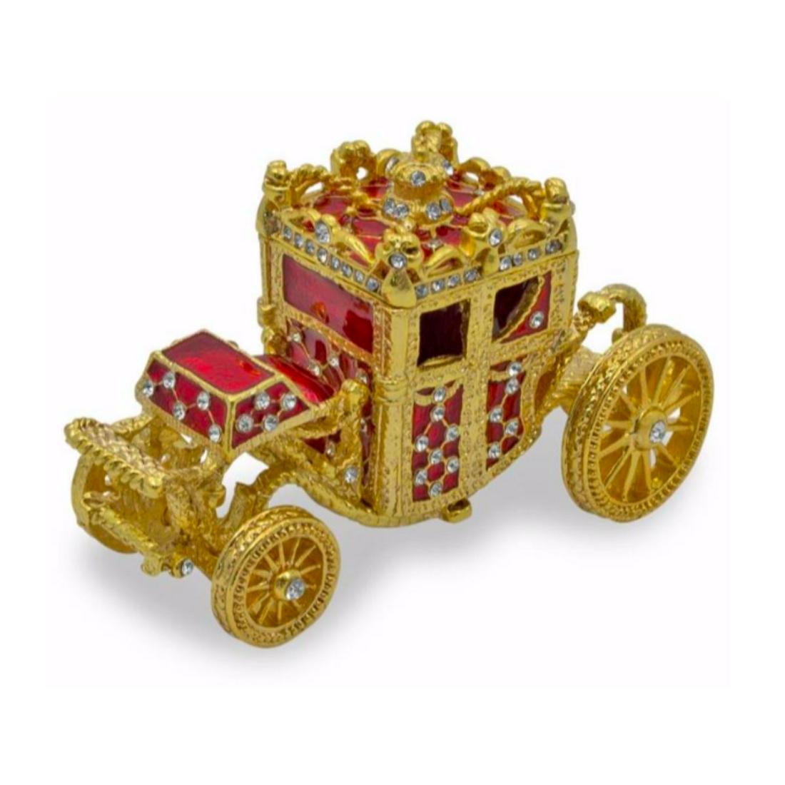 Russian Royal Coach Rolling Trinket Jewel Box: Russian Royal Coach trinket jewel box. Enamel & gilt over pewter with embedded Austrian crystals. The sedan lifts off the axleÂ & the crowned top lifts off the sedan, via magnets, to reveal a hidden