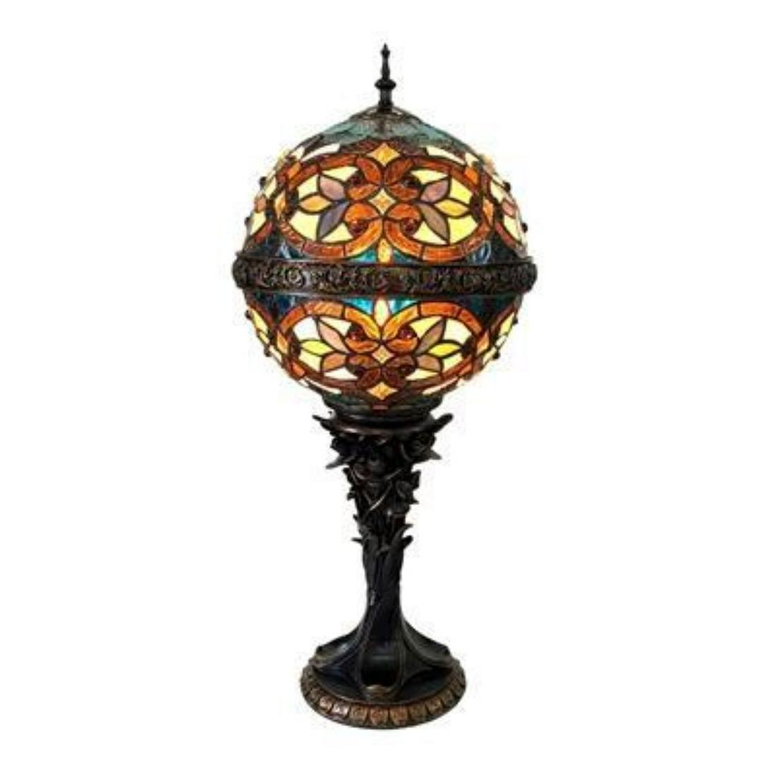 Tiffany-style Stained Glass Globe Table Lamp: Tiffany-style stained glass table with dark antique bronze finish. Globe shaped glass shade, handcrafted from over 600 pieces of art glass & 88 glass beads wrapped in copper foil. 27" overall height. 