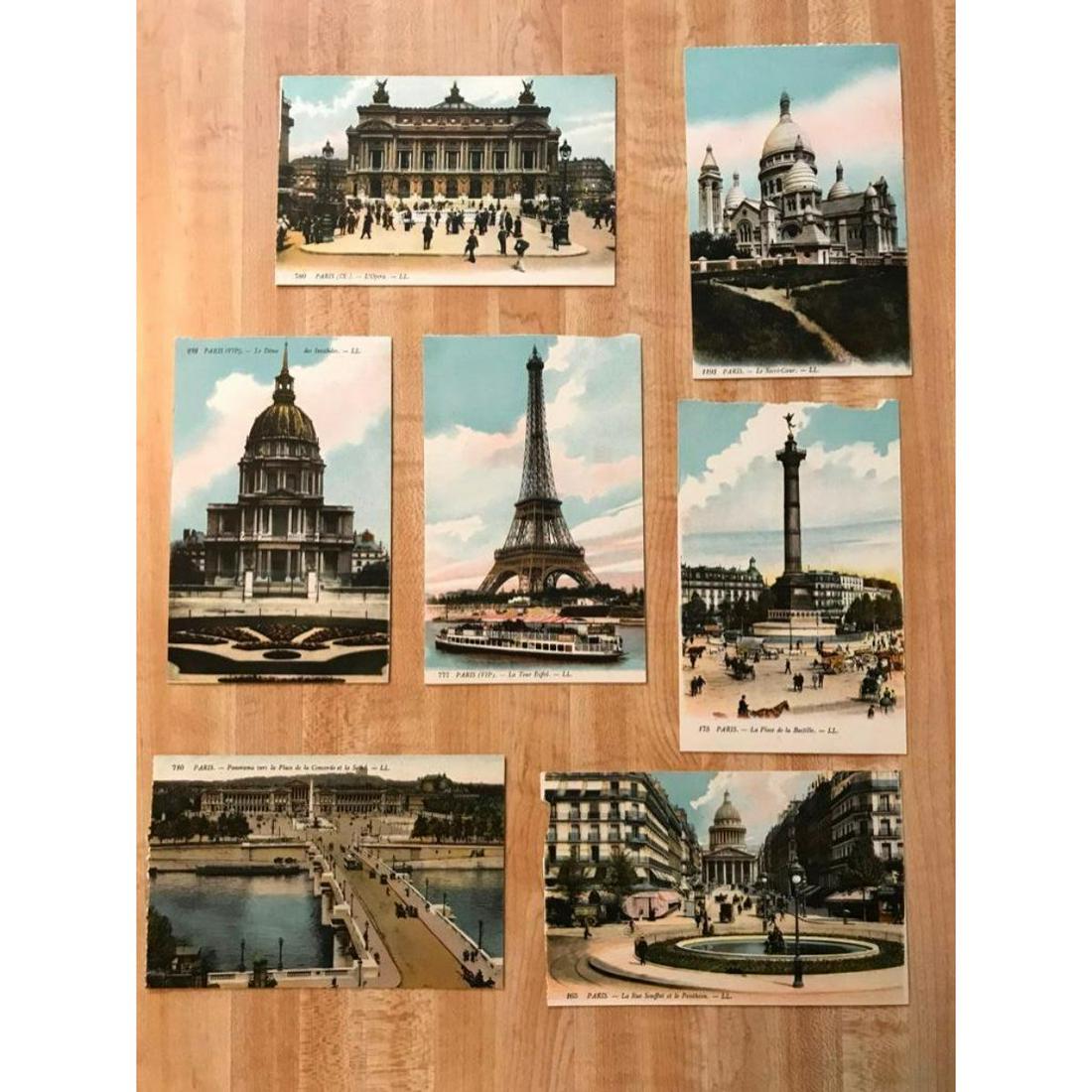 Group of Early 20thc Paris France Grand Tour Postcards: Group of 7 early 20th century ( c.1915 ) Grand Tour postcards of famous vistas in Paris France to include: #777 La Tour Eiffel, #175 La Place de las Bastille, #780 L'Opera, #238 Le Dome, #1193 Le Sacr