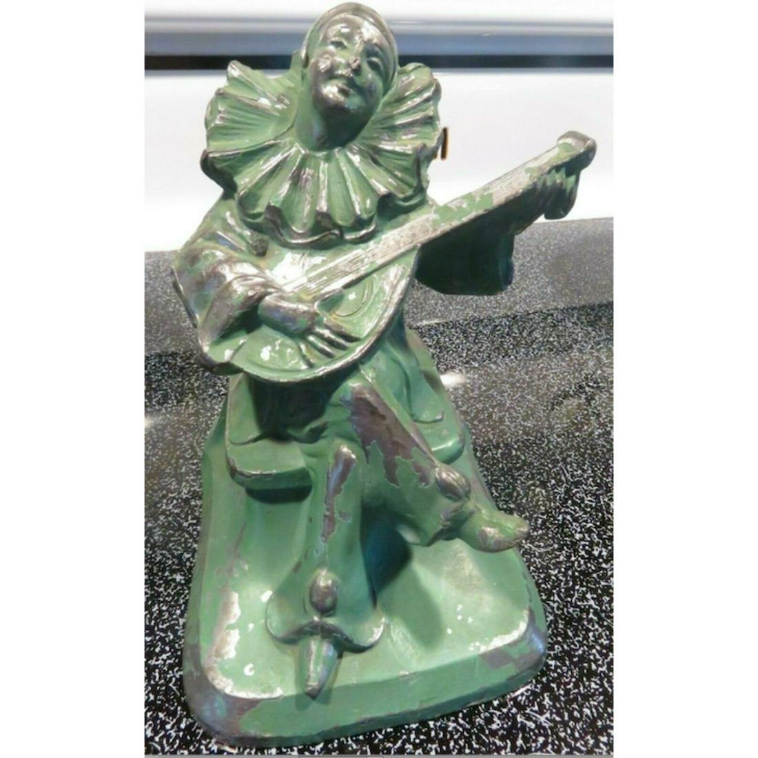 c.1932 J.B. Hirsch Co. Pierrot Playing Mandolin Statue: c.1932 J.B. Hirsch Co. painted spelter figure of a pierrot playing a mandolin. 5" H.c