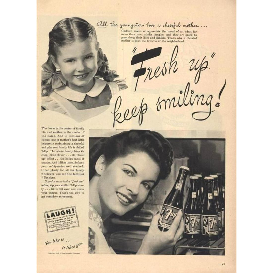 1945 7up Cola Mother's Little Helper Magazine Ad: 1945 black & white magazine advertisement by the Seven-Up company for 7up cola. Slogan reads, "All the youngsters love a cheerful mother... Fresh up - keep smiling!". 10" X 14" mounted on archival lin