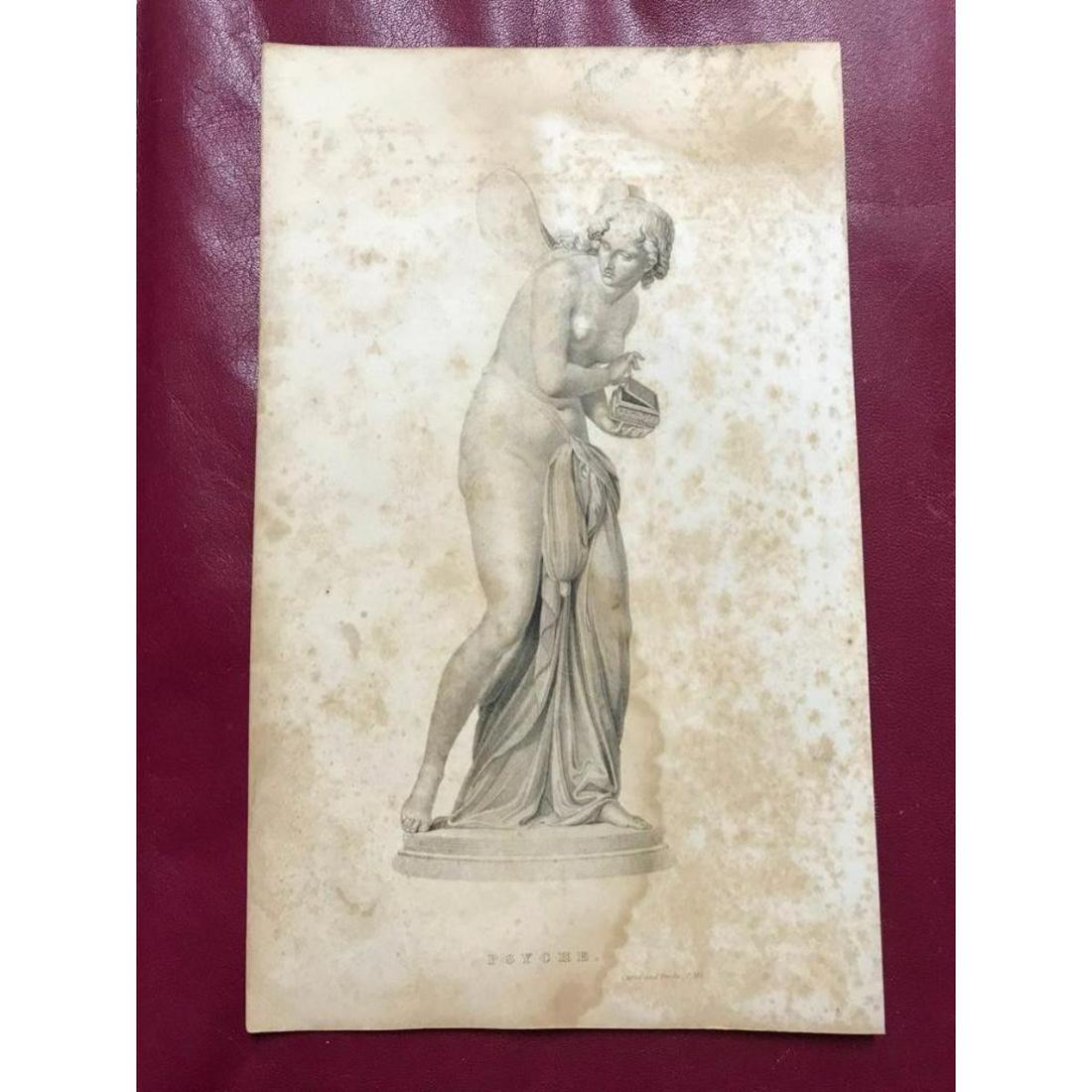 1850's Steel Engraving, Psyche, Soul, Cupid, Valentines: 1850's steel engraving on heavy rag paper, bookplate, " PSYCHE " Page size: 5 3/4" x 9 1/4" Image: 3" wide x 6 3/4" high. ***Heavy foxing as per photos. The mythological tale of Cupid and Psyche is on