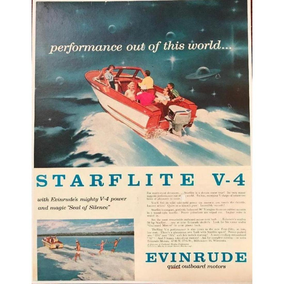 1958 Evinrude Outboard Boat Motors Starflite V-4: Original 1958 magazine advertisement for Evinrude outboard boat motors, featuring the Starflite V-4. 10" X 13" mounted on archival linen for preservation.