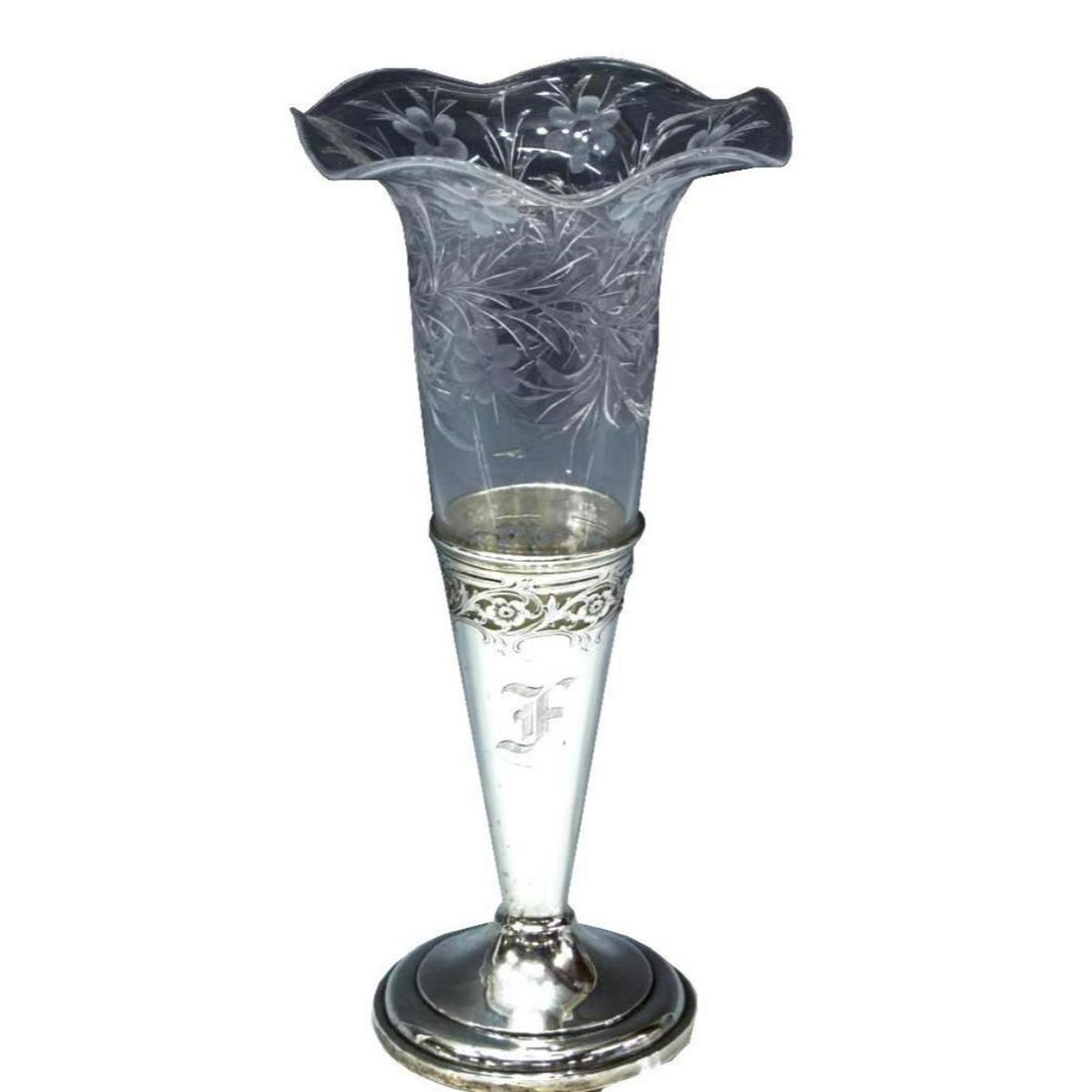 American Sterling Silver & Floral Cut Glass Epergne: American sterling silver & cut glass single epergne, engraved & cut flowers on the colorless flute, Frank M. Whiting & Company, fitted into the monogrammed ( "F" ) sterling base on a pedestal foot. * 