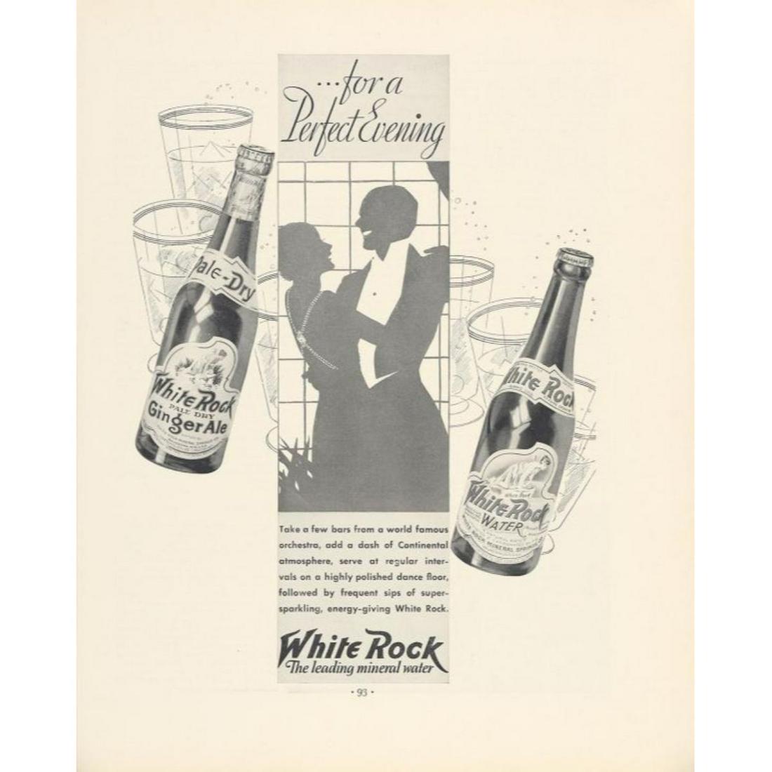 1939 White Rock Mineral Water Ginger Ale Ad: Original 1939 White Rock mineral water & ginger ale magazine advertisement. The slogan reads, " ...for a Perfect Evening... White rock, The leading mineral water." 11" X 14" mounted on archival linen