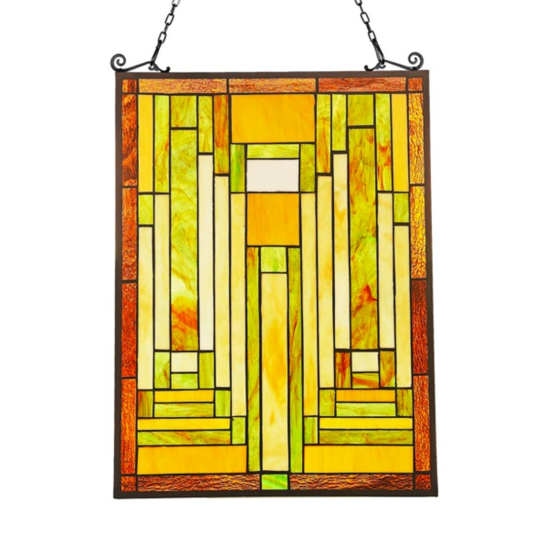 Modern Mission Style Stained Art Glass Window Hanging: Modern, Mission-style stained art glass window hanging panel. Hand-crafted with 78 pieces of art glass in gold & green tones, wrapped in copper foil. Comes with hanging chain. 24 1/2" H X 18" W.