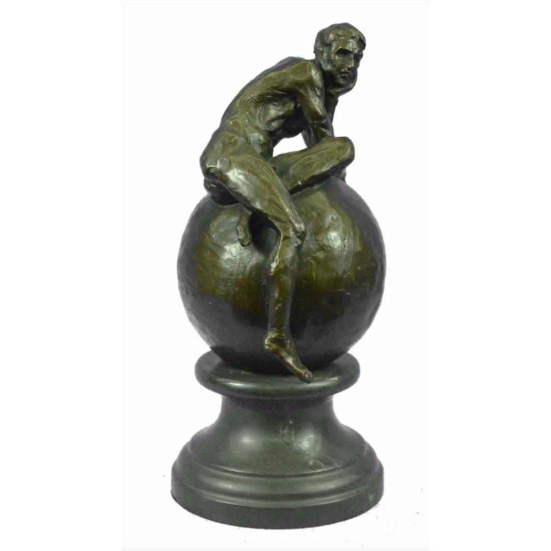 Nude Male On Globe Bronze Newel Post Cap, Sculpture: Nude male on top of a globe bronze newel post cap or desk figure. Original lost wax casting method bronze, with brown patina, mounted on a marble base. Signed by the artist, Mario Nick. 10lbs. 11" H X