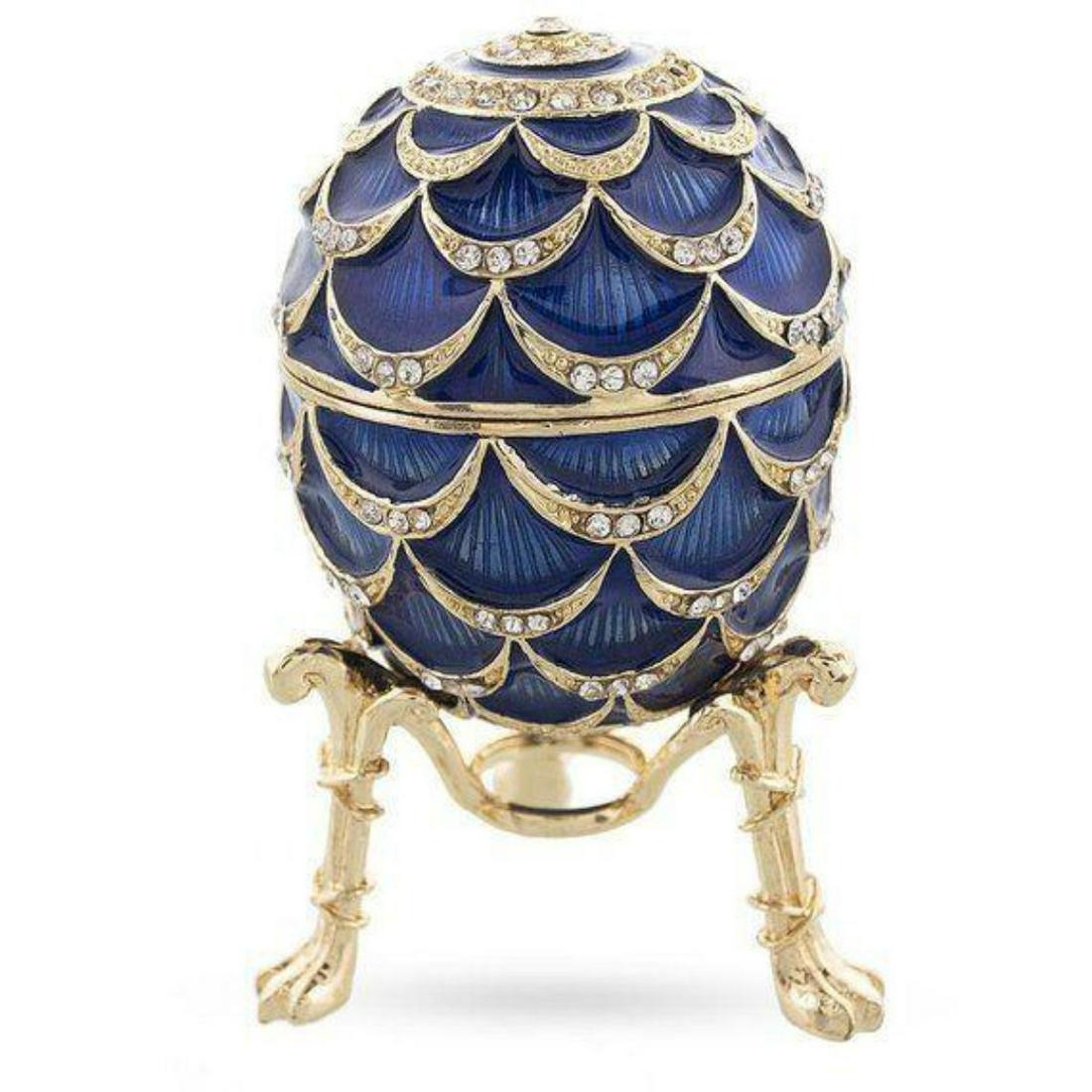 Russian Enamel & Gilt Quartz Clock, Trinket Jewel Box: Handmade Russian trinket, jewel box in the form of an egg with pinecone design decoration. Enamel & gilt over pewter, with embedded Austrian crystals. Egg opens at center on a hinge, with magnetic clo