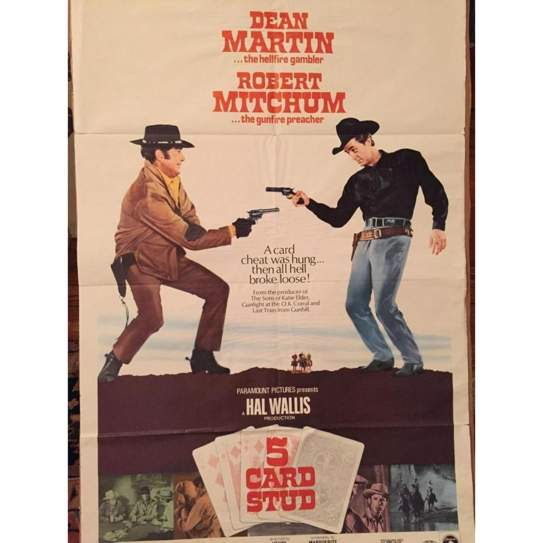 Original 1968 Western Movie Poster, 5 Card Stud, Robert: Original 1968 Western movie poster, 5 Card Stud from Paramount Pictures, starring Dean Martin & Robert Mitchum, with Roddy McDowall. Movie entertainment room decoration. 27" X 41" One sheet wonderful