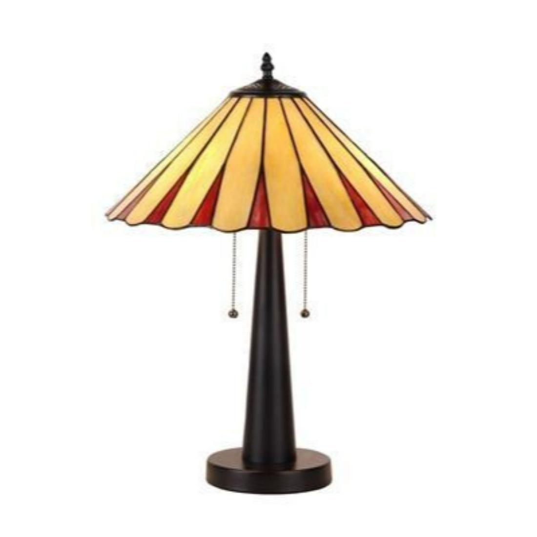 Tiffany-style Stained Slag Glass Table Lamp: Tiffany-style stained slag glass table lamp, with 32 glass cuts. 16" W shade. 22" overall height. Antique brown patina base.