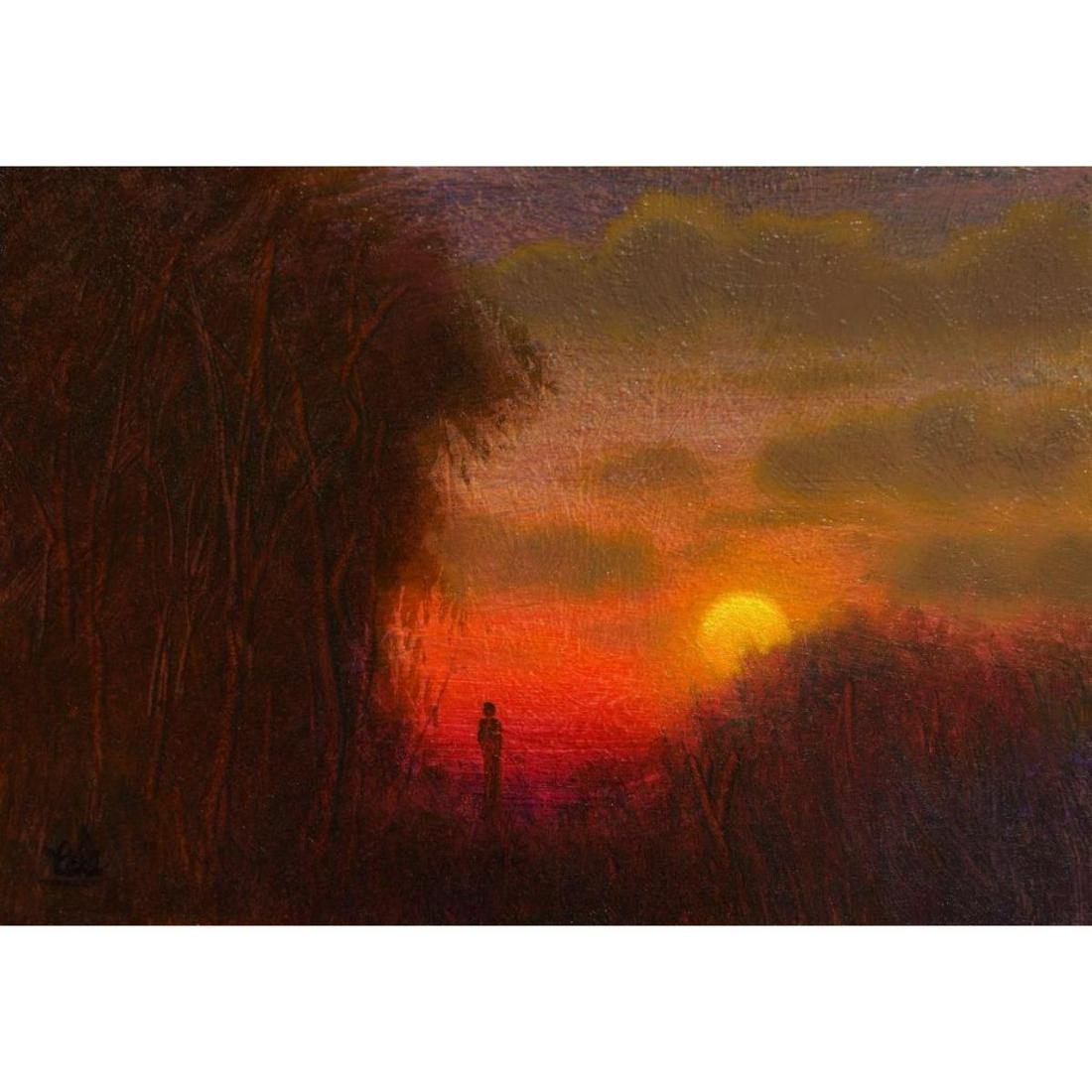 Student of Cole, Sunset Landscape Oil Painting: Student of Max Cole, small oil on board painting of a sunset landscape. 5" X 7".