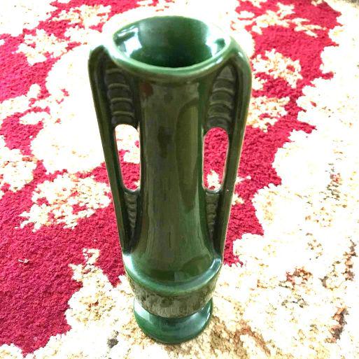 Rare Dark Green Color, 1930's Art Deco Pottery Bud Vase: Rare dark green color, 1930's Art Deco Architectural style Shawnee pottery bud vase. 7 7/8" H X 2 3/4"W.