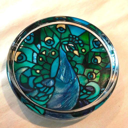 Peacock Art Glass Suncatcher Coaster: Hand-painted art glass suncatcher glass coaster depicting a peacock bird. 3 1/4" D.