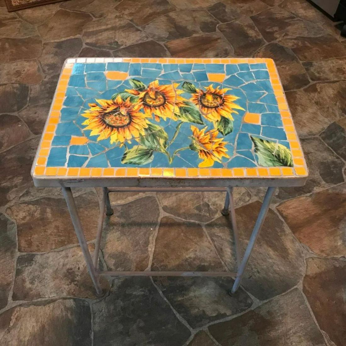 Sunflower Mosaic Tile Patio Side Table, Plant Stand: Vintage artisan-made patio side table of plant stand with mosaic broken tiles to form the scene of sunflowers. 17" W X 20" H X 12" D.