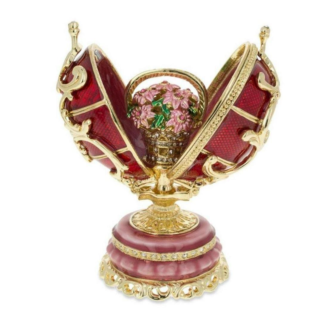 Russian Imperial Spring Flowers Trinket Jewel Box Egg: Russian trinket, jewel box egg, created after the original Spring Flowers Egg made by Carl Faberge for the Russian Royal Family. Enamel & gilt over pewter with encrusted Austrian crystals. The egg ope