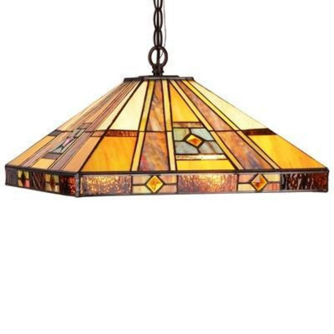 Mission-style Stained Art Glass Hanging Pendant Light: Mission-style stained art glass hanging 2-light pendant fixture, with 160 pieces of cut glass in amber hues, wrapped in copper with dark bronze finish. 7 1/4" H X 16" W. 7lbs weight.