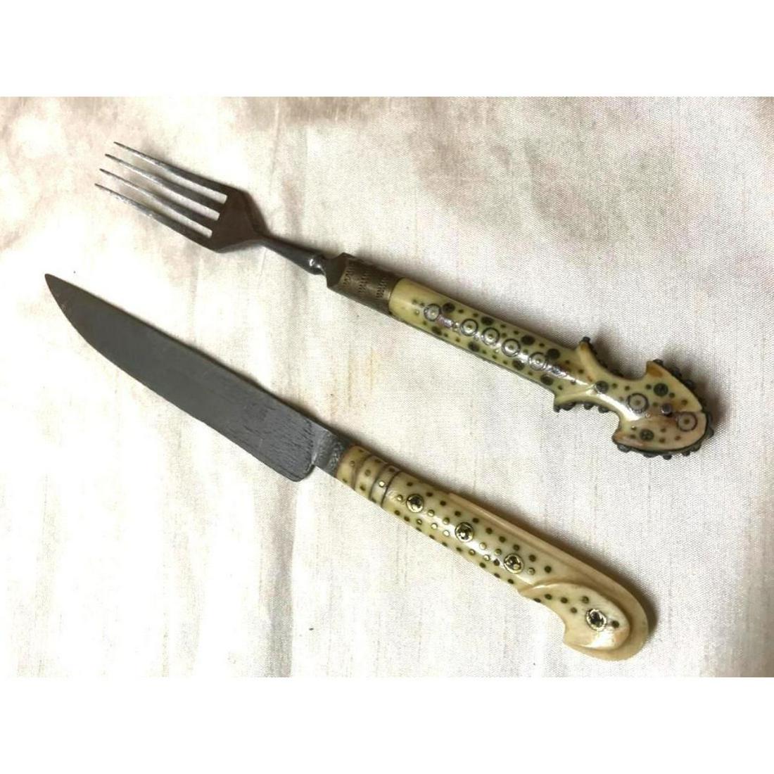 19thc Antique Ottoman Knife & Fork Set: 19thc Antique Islamic, Ottoman, Bosnian inlaid brass & bone knife & fork set. * fork has cracking to handle, as seen in photos.