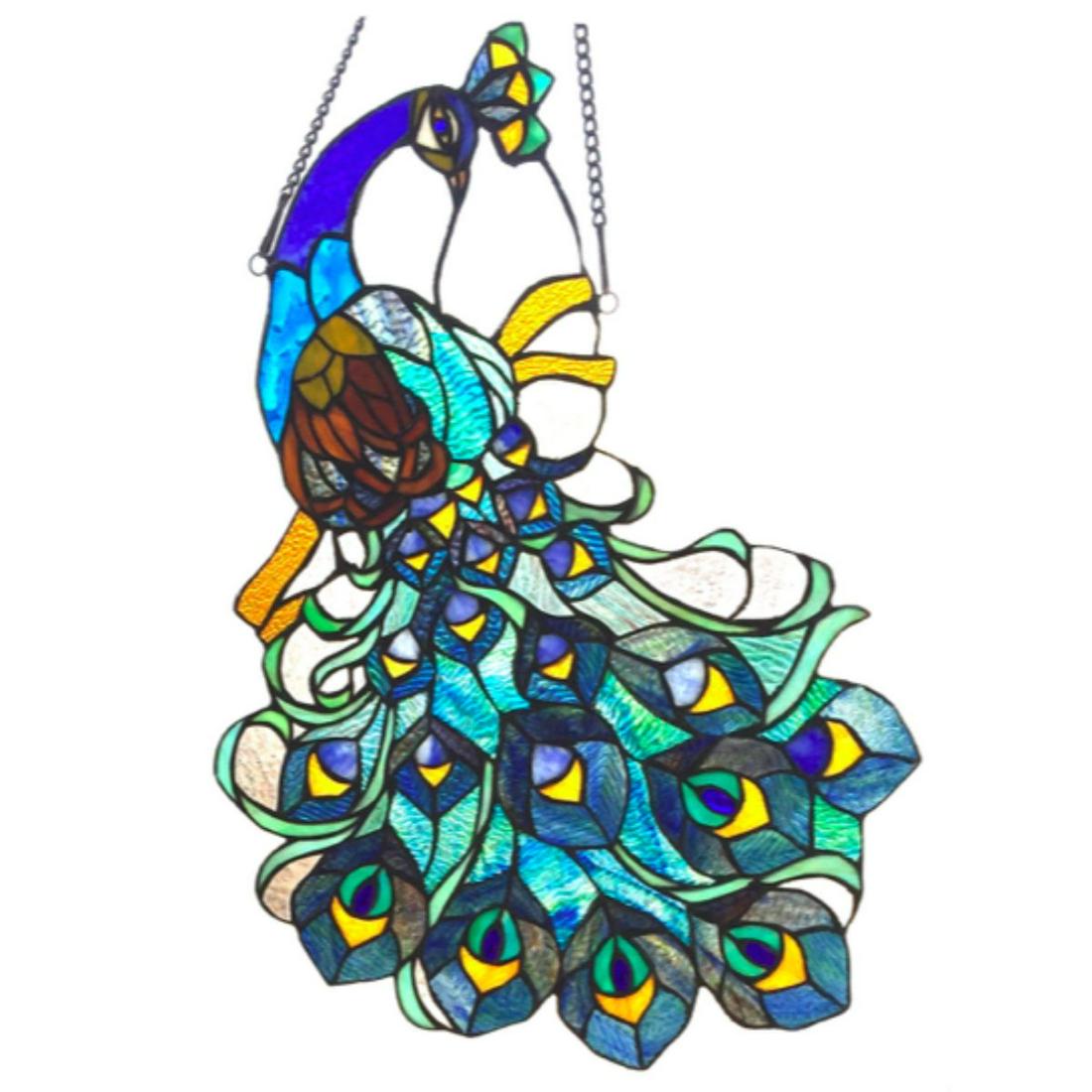 Blue Peacock Tiffany Style Stained Glass Hanging Panel: Blue peacock Tiffany-style hanging panel, with 688 cuts of stained art glass & 16 glass beads, wrapped in copper foil with textured black finish. Comes with hanging chain. 22" H X 17" W.