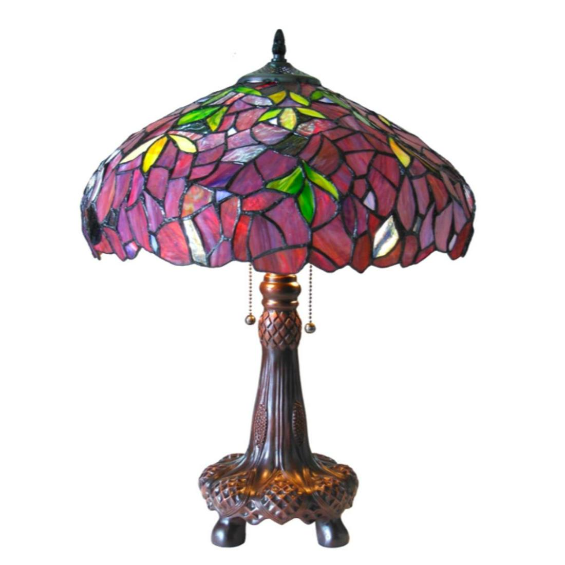 Tiffany-style Wisteria Stained Glass Lamp: Tiffany-style stained art glass, Wisteria pattern, created with over 400 pieces of cut glass, wrapped in copper foil, with dark antique bronze finish. 22 1/2" H X 16" W shade.