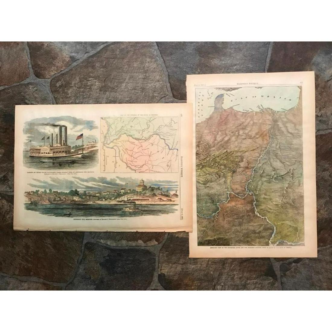 19thc Hand-colored Harper's Weekly Engravings, St.: Pair of 1861 Harper's Weekly pages with hand-colored maps & engravings of river boats, The Mississippi River, St Louis & Jefferson City. Four hand-colored engravings total between 2 pages dated July 6