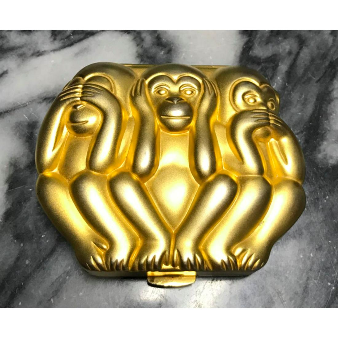 Estee Lauder Gold Speak, Hear, See No Evil Monkey: Vintage c.2000 Estee Lauder empty collectible compact, Lucidity, Mystical Monkeys, See No Evil, Hear No Evil, Speak No Evil case design. Stamped Estee Lauder on inside with mirror intact. No power. Em