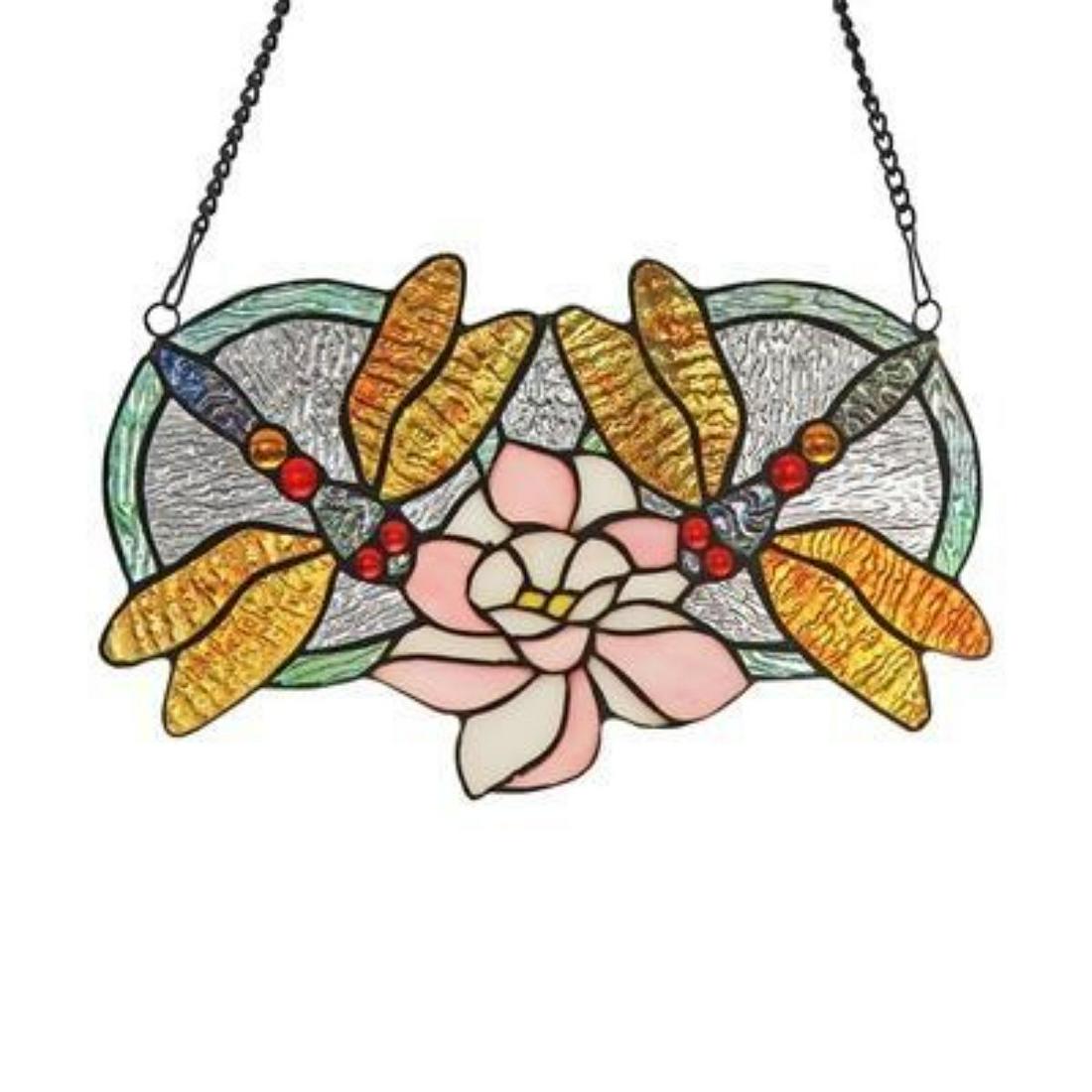 Tiffany Style Art Glass Dragonfly Hanging Panel: Tiffany-style art glass window panel, with 50 pieces of stained art glass & 8 glass beads, wrapped in copper foil with textured black finish. 13" W X 8" H.