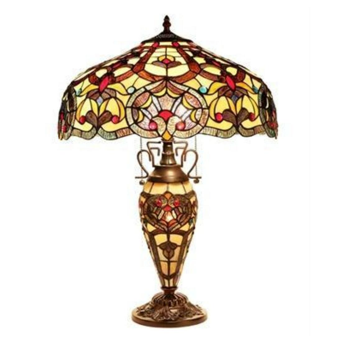 Tiffany-style Victorian Stained Glass Table Lamp: Tiffany-style Victorian 3 light table lamp with 731 glass cuts & 118 glass beads, 18" shade & antique brown patina base. 25 1/2" H. 11lb weight.