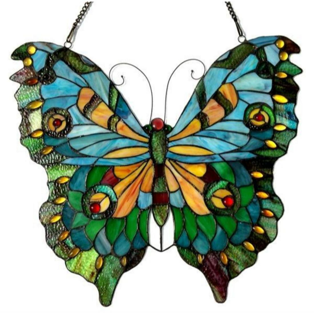 Tiffany Style Stained Glass Butterfly Hanging Window: Tiffany-style stained art glass, 186 cuts with 35 glass beads, wrapped in copper foil, in textured black finish. 21" H X 20" W. Comes with hanging chain.