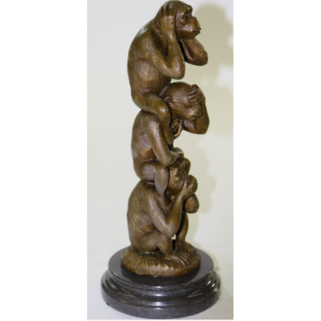 Three Wise Monkeys Signed Bronze Sculpture: Three Wise Monkeys, See No Evil, Hear No Evil, Speak No Evil, bronze statue sculpture. Signed Miguel Lopez. Lost wax casting method bronze, with brown patina, mounted on marble base. 15 1/2" H X 6" W.