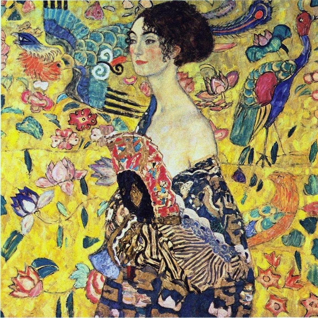 After Gustav Klimt, Lady With Fan Ceramic Art Tile: After Gustav Klimt, Lady With Fan Ceramic Art Tile. 4" X 4". 