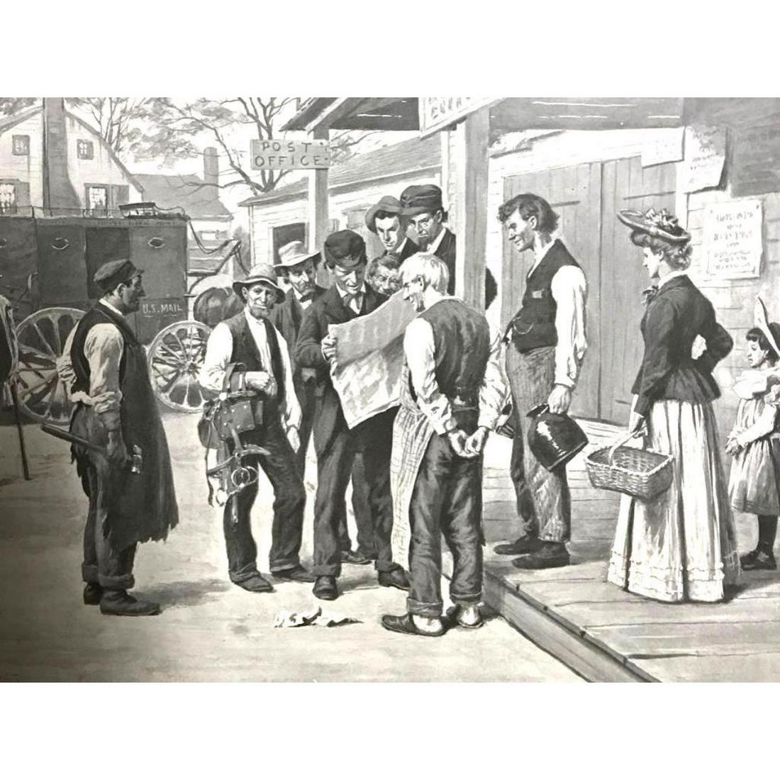 Early 1900's Half-tone Print, Politics, Early 20th: Early 1900's Halftone print, from a book of Drawings by A. B. Frost. "Politics". A group of concerned citizens gather as a postman reads the latest news outside the post office. 10" X 15"