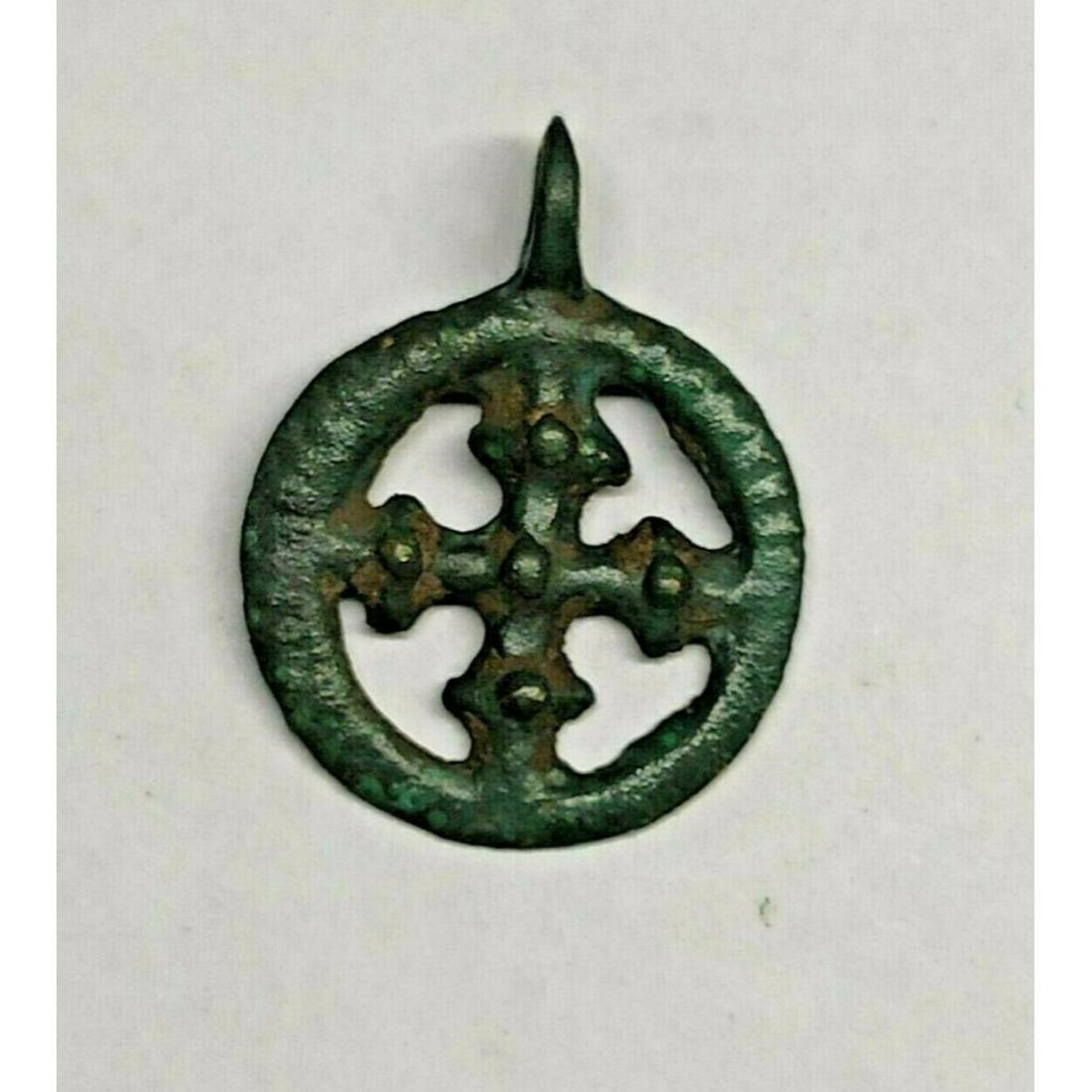 Byzantine 9th - 12th Century Russian Kiev Bronze Cross: Byzantine era 9th - 12th Century Russian Kiev Cross, Artifact, Pendant. Found in Kiev Ukraine via metal detector. 18 x 23mm including loop. In good wearable condition for an artifact of its age. 