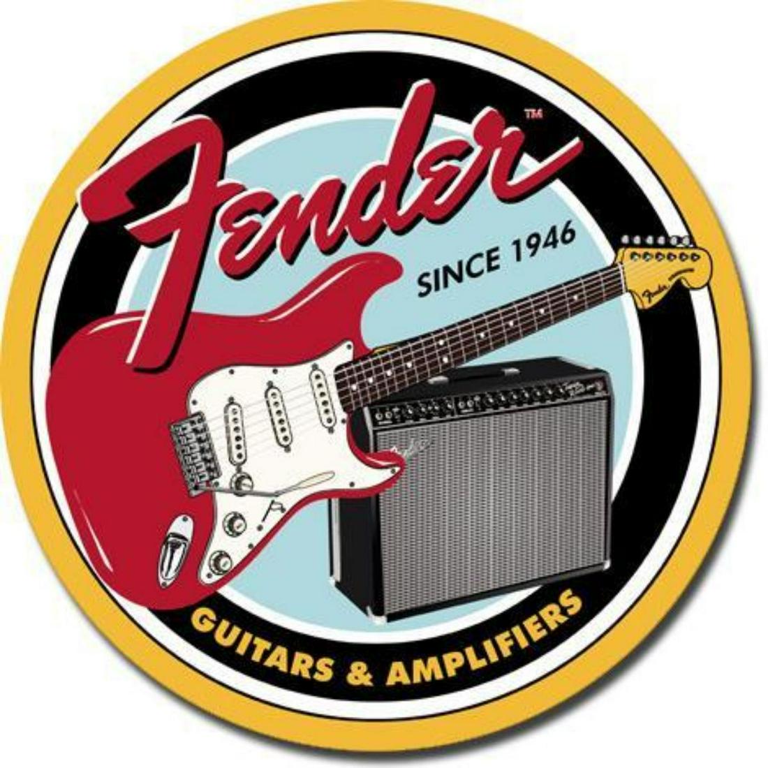 Fender Guitars & Amplifiers Vintage-style Metal Pub: Fender Guitars & Amplifiers vintage-style metal pub bar, garage or music studio sign. Pre-drilled holes for mounting. 11 3/4" D.