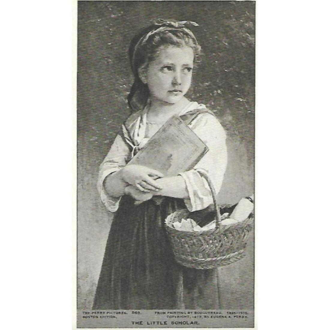 Vintage c1920â€™s Half-tone Print, #569 The Little: Vintage c.1920â€™s half-tone print by Perry Pictures, #569 The Little Scholar. From Painting by Bouguereau (1825-1905). Copyright 1913 by Eugene A. Perry 5 1/2" X 8" print size, suitable fo