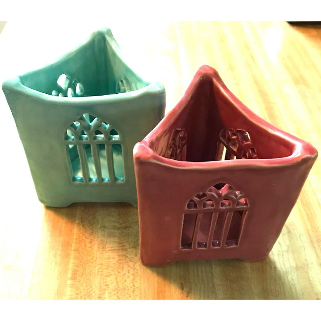 Artisan Made Gothic Window Candle Holders: Artisan handmade, gothic-style, triangular-shaped, pierced ceramic window tealight, table candle holders, in pink & green. Made by Columbia South Carolina artist, inspired by the windows of the Gothic