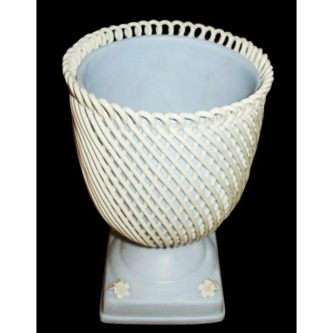 Rare Capodimonte Jasperware Compote Vase: Antique Capodimonte jasperware compote vase with lattice. This is a rare piece. Capodimonte stamp & "Made Italy" on bottom. 6 3/4"X 4 1/2". * some loss to the ropes on one side.