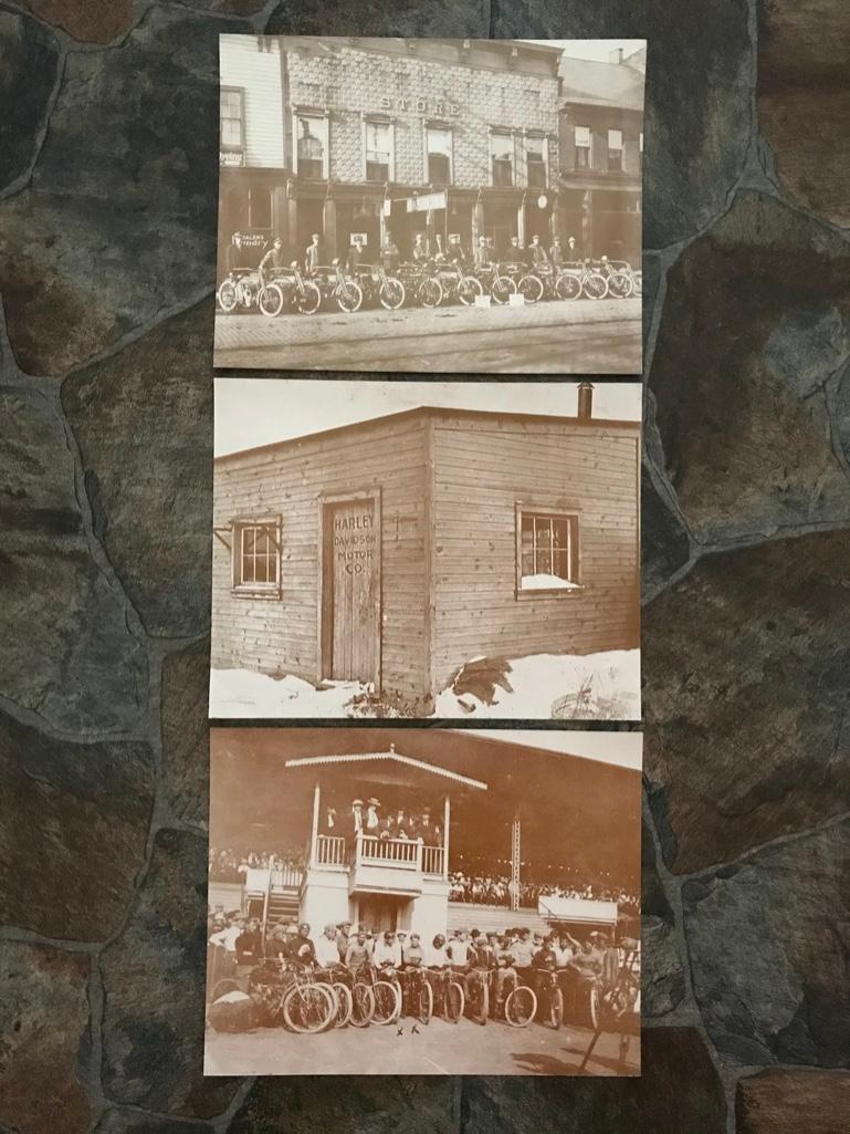 Harley Davidson Motorcycles Sepia Tone Photo Prints: Sepia-tone photo prints of vintage motorcycle, Harley Davidson scenes. Row of Harley Davidson motorcycles in front of a store, motorcycle race & Harley Davidon Motor Co. 11" X 14" each, printed on car