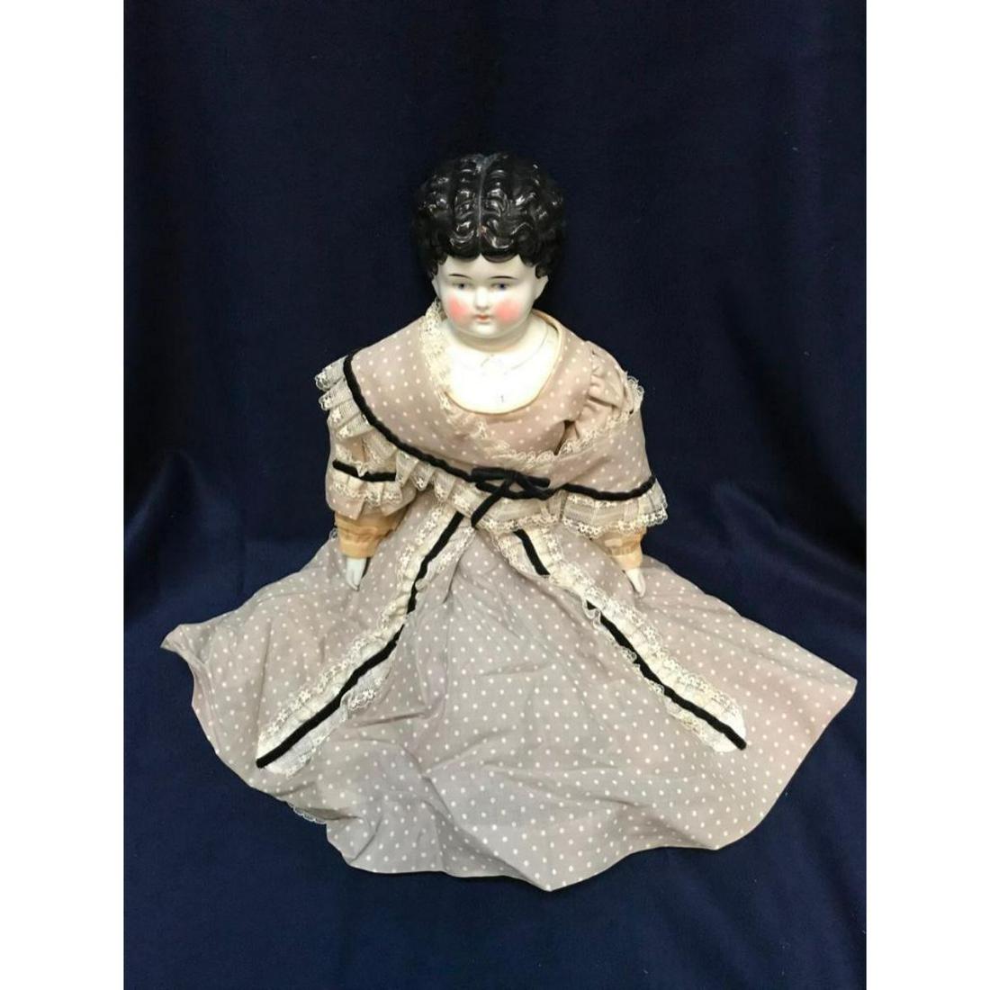 Original German Antique Hertwig Mabel China Head Doll: Original 19thc antique china head doll, Mabel, name on neck, in original clothing - dress with under sleeves, lace underskirt, embroidered slip & pantaloons. In very good condition with gilt remains.