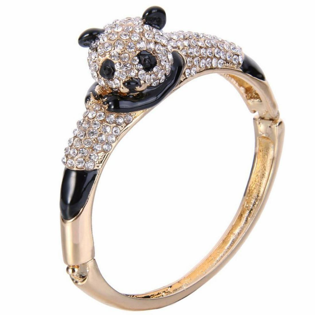 Panda Bear Crystal Cuff Bangle Bracelet: Enamel & gold-tone metal cuff fashion bracelet, inset with Austrian crystals, in the form of a panda bear.