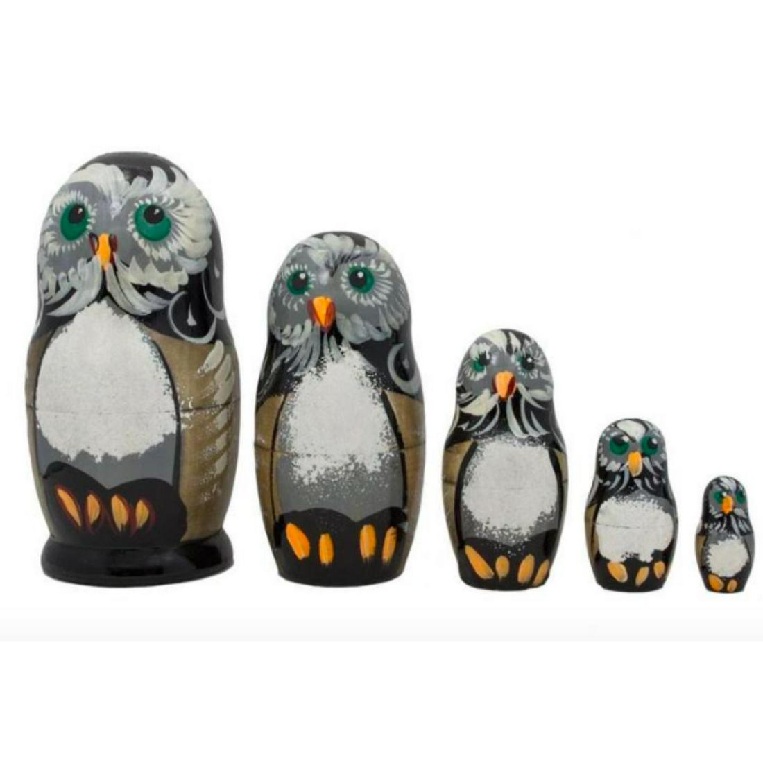 Owl Family Russian Wooden Matryoshka Animal Nesting: Set of 5 Russian Matryoshka animal nesting dolls, owl family. Hand-painted linden tree wood, gouche & lacquer. 4 1/4" H.