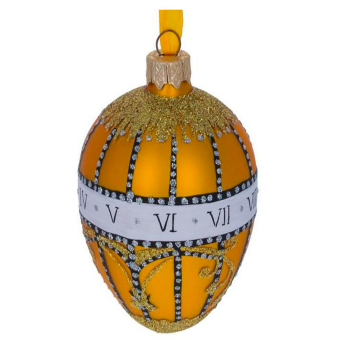 Russian Bouquet of Lilies Royal Clock Glass Ornament: Hand-made "Bouquet of Lilies Royal Clock" German glass ornament, after the original 1899 egg by Carl Faberge, created for the Russian Royal Family. Made in Ukraine. 4" H