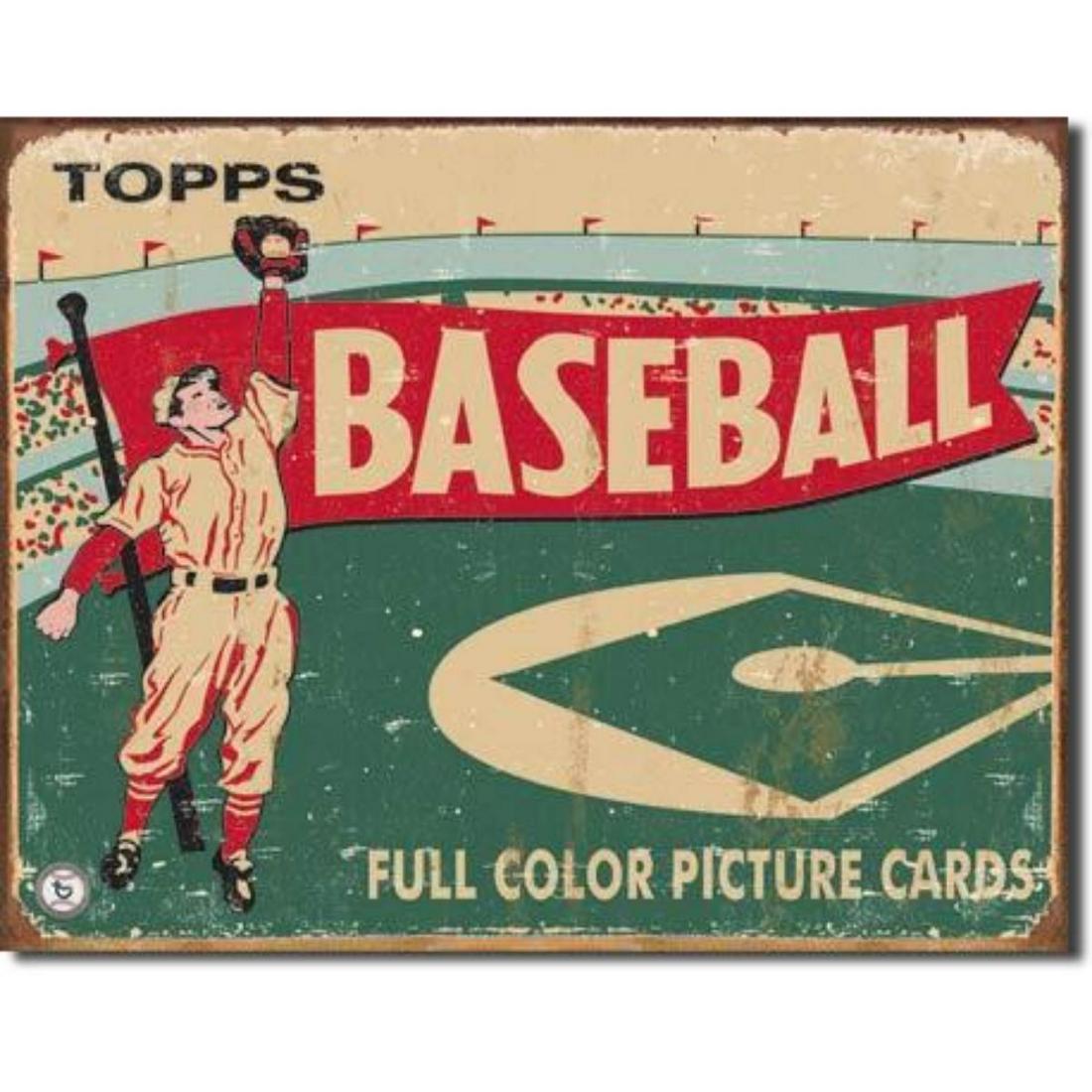 Topps Baseball Cards Vintage Style Metal Sign: Topps Baseball Cards vintage-style metal pub bar, game room, man cave sign. 12 1/2" X 16" with pre-drilled holes for mounting.