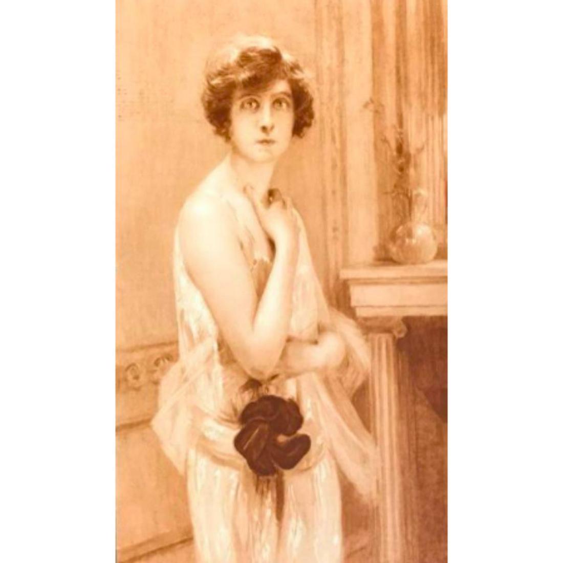 Paul Chabas, 1926 Art Deco Socialite Portrait Print: 1926 sepia fashion print from the French Magazine "L'Illustration". Paul Chabas - Portrait, features a French Art Deco socialite lady. 11" X 16".