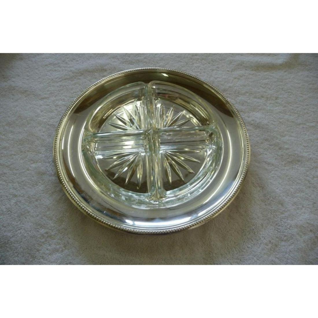 Christofle French Silverplate Appetizer Serving Tray: Christofle French Silver-plate appetizer serving tray with four-section glass insert. CHRISTOFLE COLL GALLIA stamped on reverse. 12" D with 8"D glass insert.