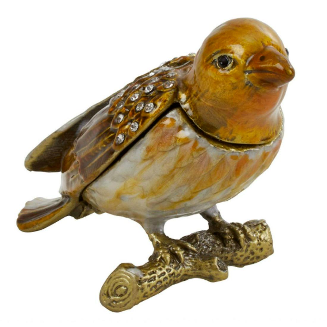 Little Golden Bird Trinket Jewel Box: Little Golden Bird trinket, jewel box. Enamel & gilt over pewter, with embedded Austrian crystals. The head of the bird lifts up, on a hinge with snap closure, to reveal an enameled interior for stori