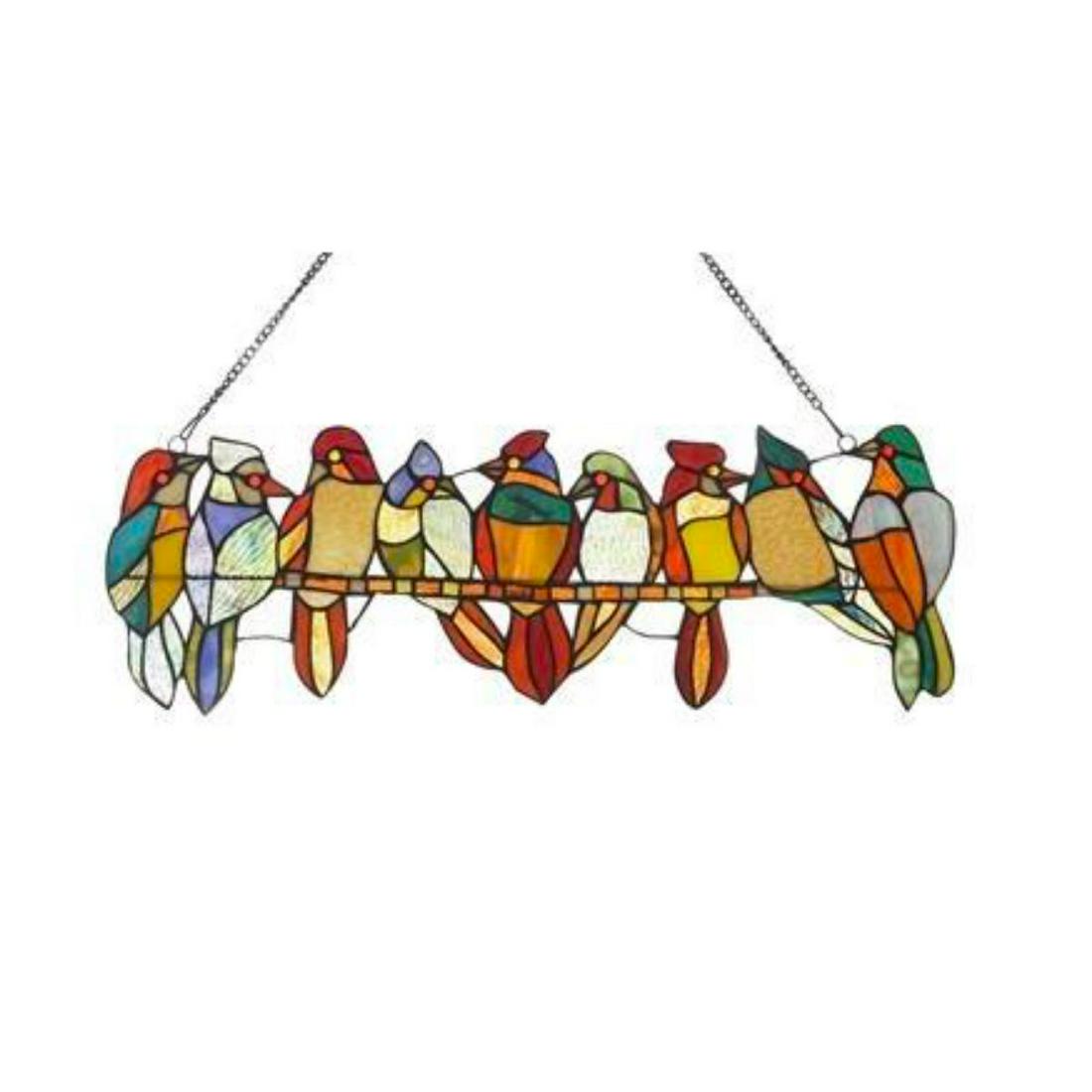 Birds On A Vine Stained Glass Hanging Window Panel: Birds on a Vine stained art glass hanging window panel. 145 pieces of cut stained art glass & 9 glass beads wrapped in copper foil & soldered together. 26" W X 9" H. Comes with hanging chain.