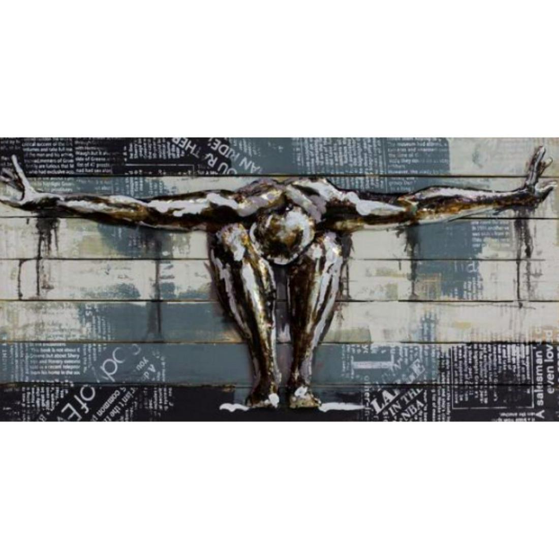 Large Dimentional Mixed Media, Oil & Metal Abstract: Large original abstract, mixed media artwork, stereograph-style painting, Man With Stretched Arms. 44" W X 25" H. 12lbs.